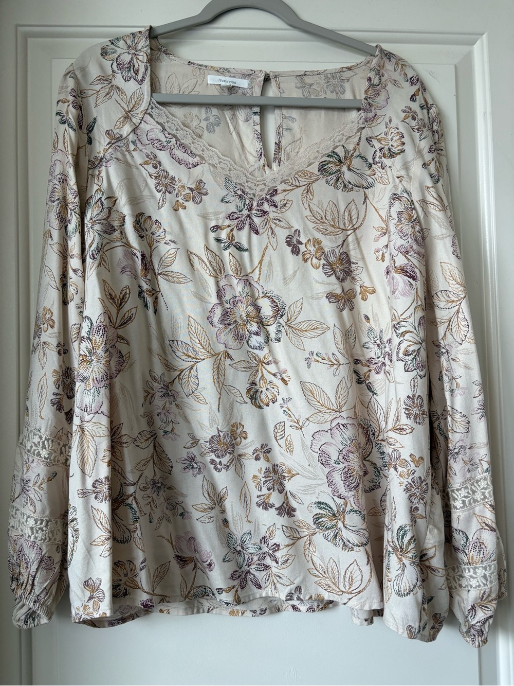Maurices Cream Floral Lace-Trim Long Sleeve Blouse